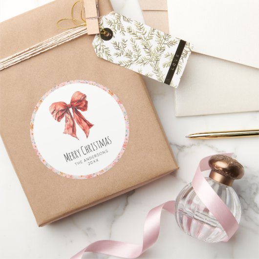 Red Bow Coquette Elegant Bloemen Kerstmis Ronde Sticker (Geschenken)
