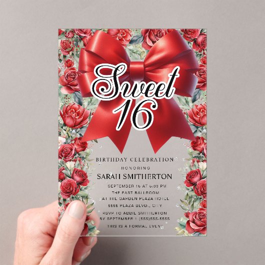 Red Bow Coquette Floral  Sweet 16 Acryl Uitnodigingen (Insitu (Draagbaar))