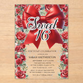 Red Bow Coquette Floral  Sweet 16 Acryl Uitnodigingen (Voorkant)