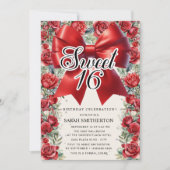 Red Bow Coquette Floral  Sweet 16 Kaart (Voorkant)