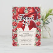 Red Bow Coquette Floral  Sweet 16 Kaart (Staand voorkant)