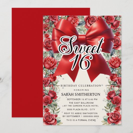 Red Bow Coquette Floral  Sweet 16 Kaart (Voorkant / Achterkant)