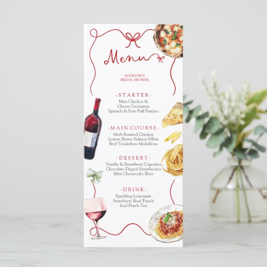 Red Bow Coquette Italian Bridal Shower Menu (Staand voorkant)