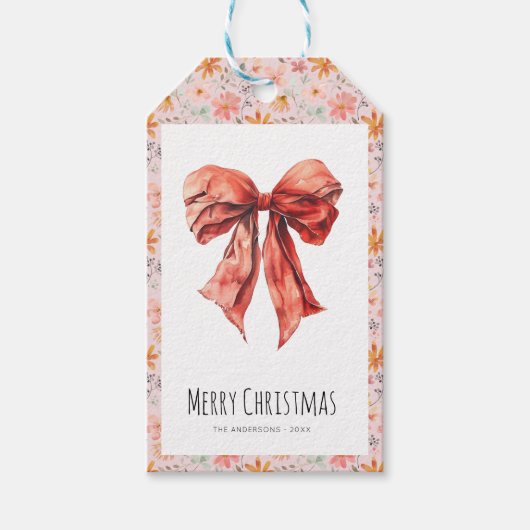 Red Bow Coquette Minimalistische Kerst Cadeaulabel (Voorkant)