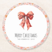 Red Bow Coquette Moderne Bloemen Kerstmis Ronde Kartonnen Onderzetter (Voorkant)