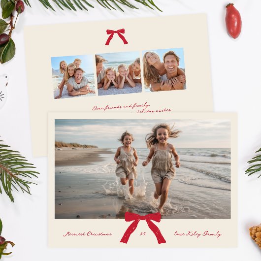 RED bow CREAM inkt vrolijkste kerstfoto Feestdagenkaart