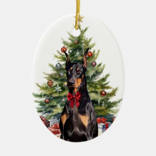 Red Bow Doberman Pinscher Hondenkerst Keramisch Ornament (Voorkant)