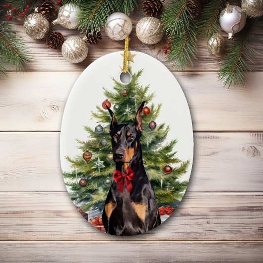 Red Bow Doberman Pinscher Hondenkerst Keramisch Ornament