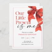 Red Bow eerste verjaardag uitnodiging (Voorkant / Achterkant)