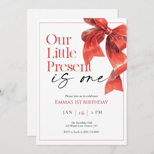 Red Bow eerste verjaardag uitnodiging (Voorkant / Achterkant)