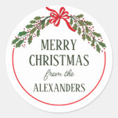 Red Bow en Holly Garland tijdens kerst Ronde Sticker (Voorkant)