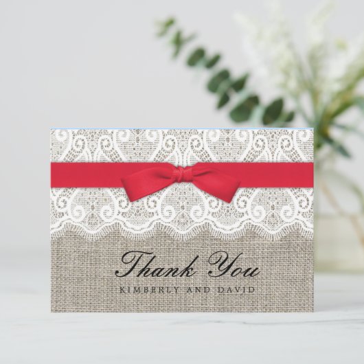 Red Bow en Lace Wedding Hartelijk dank Bedankkaart (Staand voorkant)