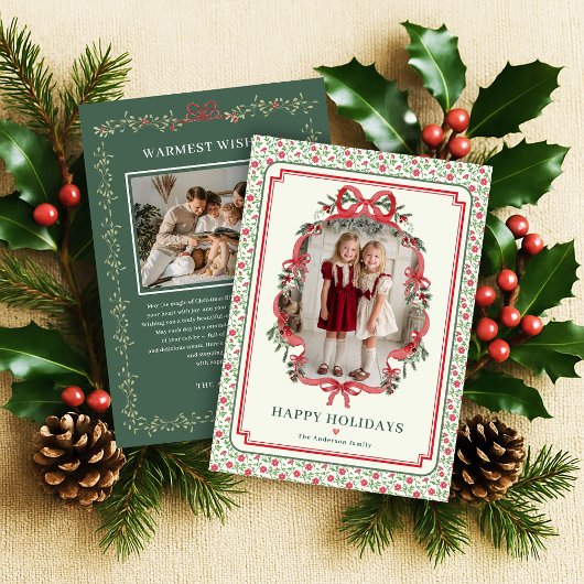 Red Bow Farmhouse Charm Christmas Photo Feestdagenkaart
