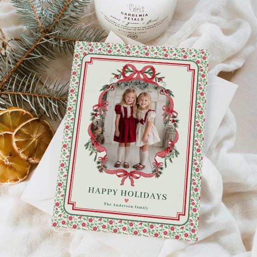 Red Bow Farmhouse Charm Christmas Photo Feestdagenkaart