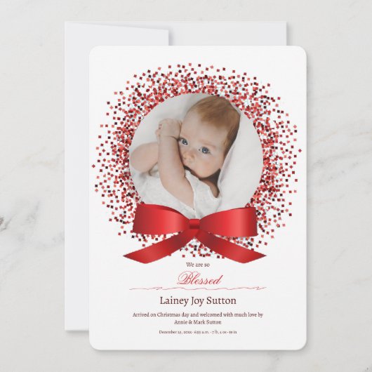 Red Bow Foto Geboorte Annou Aankondiging (Voorkant)