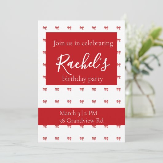 Red Bow Girl Verjaardagsfeestje Kaart (Staand voorkant)