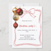 Red bow gold baubles Christmas Party Kaart (Voorkant)