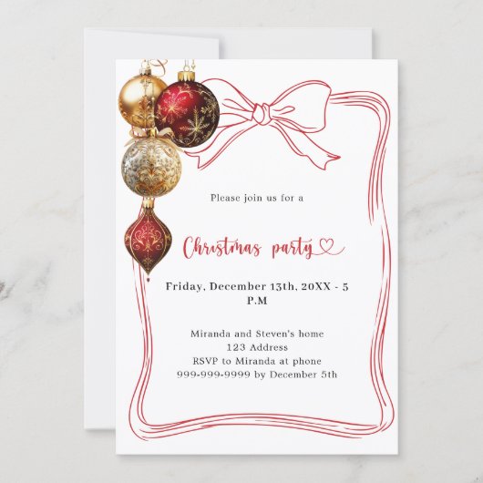 Red bow gold baubles Christmas Party Kaart (Voorkant)