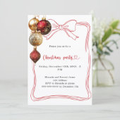 Red bow gold baubles Christmas Party Kaart (Staand voorkant)