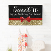 Red Bow Gold Glitter Sweet 16 Birthday Party Spandoek (Insitu)