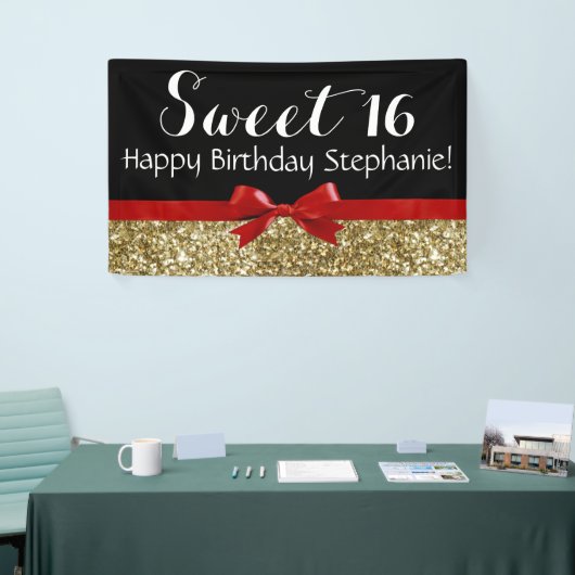Red Bow Gold Glitter Sweet 16 Birthday Party Spandoek (Beurs)