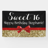 Red Bow Gold Glitter Sweet 16 Birthday Party Spandoek (Horizontaal)