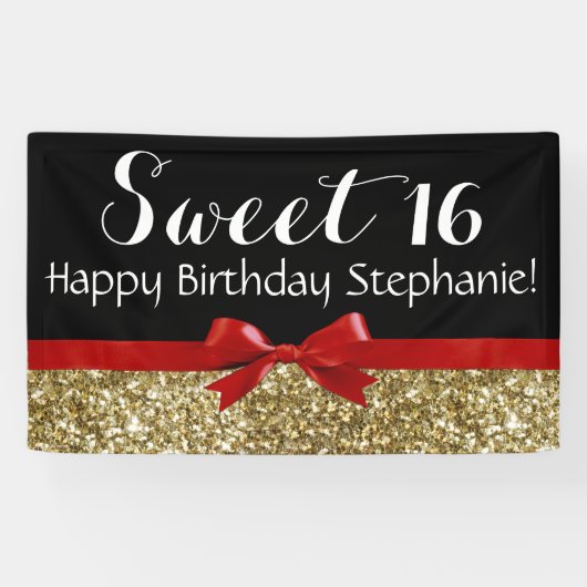 Red Bow Gold Glitter Sweet 16 Birthday Party Spandoek (Horizontaal)