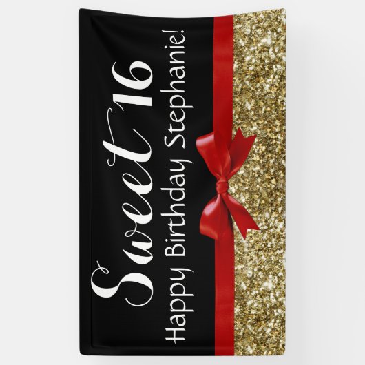 Red Bow Gold Glitter Sweet 16 Birthday Party Spandoek (Verticaal)