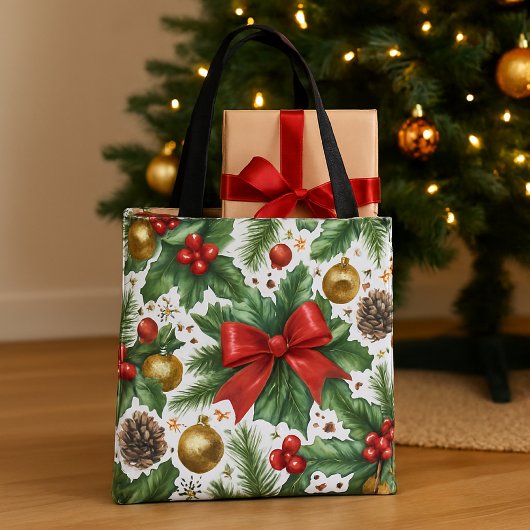 Red Bow Gold Ornamenten Kerst Tote Bag