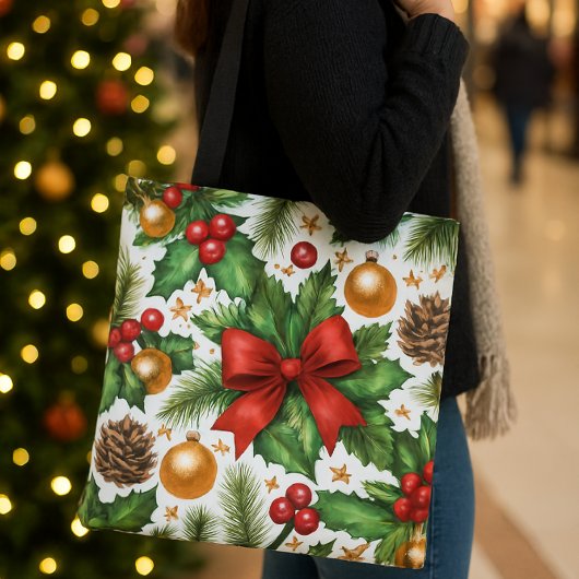 Red Bow Gold Ornamenten Kerst Tote Bag