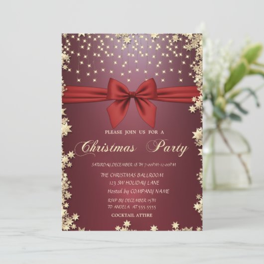 Red Bow Gold Stars Kerstfeest Kaart (Staand voorkant)