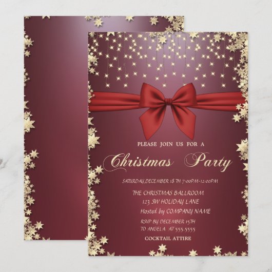 Red Bow Gold Stars Kerstfeest Kaart (Voorkant / Achterkant)