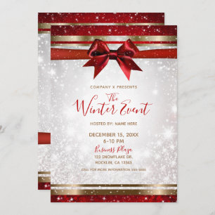 Red Bow & Gold White Sparkle Elegant Holiday Event Kaart