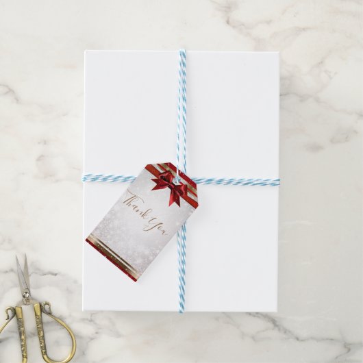 Red Bow & Gold White Sparkle Elegant Holiday Party Cadeaulabel (Met Touw)