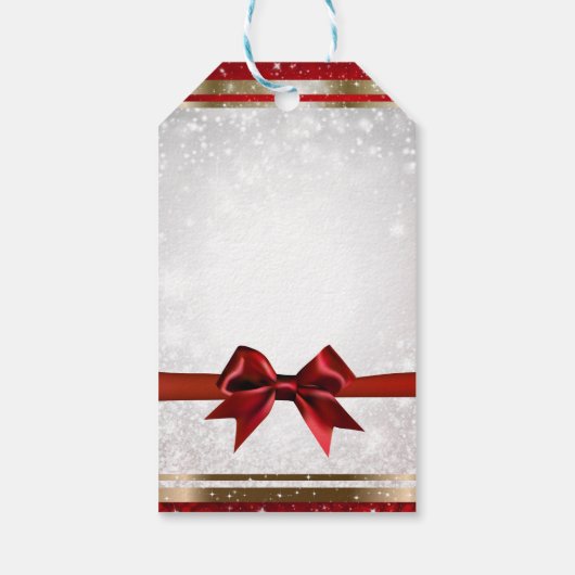 Red Bow & Gold White Sparkle Elegant Holiday Party Cadeaulabel (Achterkant)