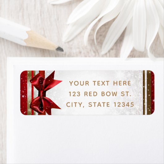 Red Bow & Gold White Sparkle Elegant Holiday Party Etiket (Insitu)