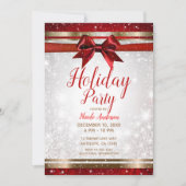 Red Bow & Gold White Sparkle Elegant Holiday Party Kaart (Voorkant)