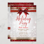 Red Bow & Gold White Sparkle Elegant Holiday Party Kaart (Voorkant / Achterkant)