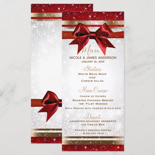 Red Bow & Gold White Sparkle Holiday Party Menu (Voorkant / Achterkant)