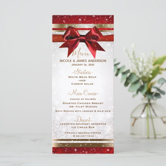 Red Bow & Gold White Sparkle Holiday Party Menu (Staand voorkant)
