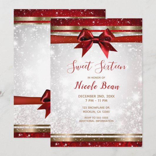 Red Bow & Gold White Sparkle Holiday Sweet 16 Kaart (Voorkant / Achterkant)