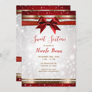 Red Bow & Gold White Sparkle Holiday Sweet 16 Kaart