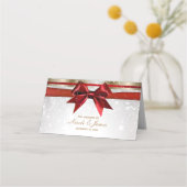 Red Bow Gold White Sparkle Kerstbruiloft Plaatskaartje (Voorkant)