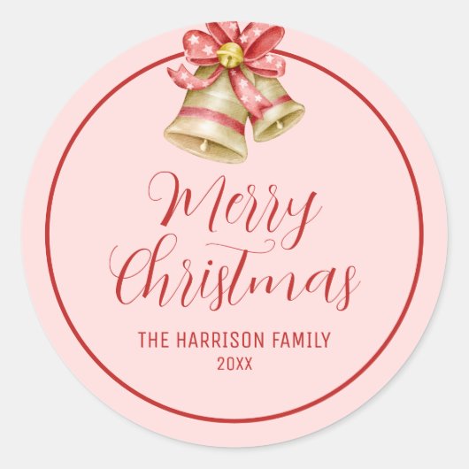 Red Bow Golden Jingle Bell Roze Ronde Sticker (Voorkant)