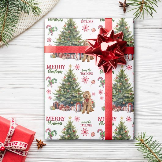 Red Bow Goldendoodle Dog Holiday Tree Cadeaupapier