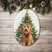 Red Bow Goldendoodle Hondenkerst Keramisch Ornament