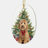 Red Bow Goldendoodle Hondenkerst Keramisch Ornament (Links)