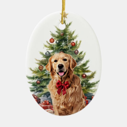 Red Bow Gouden Retriever Hond Kerstmis Keramisch Ornament (Voorkant)