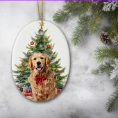 Red Bow Gouden Retriever Hond Kerstmis Keramisch Ornament