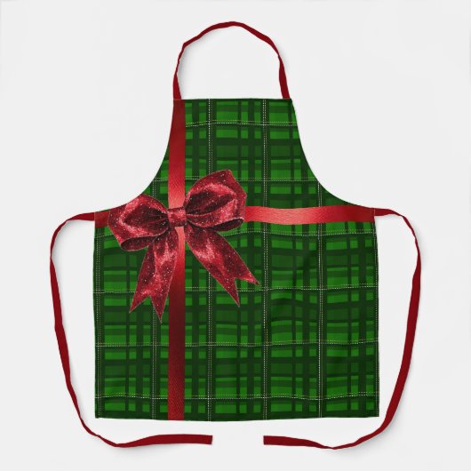 Red Bow Green Gingham Plaid Kerstcadeau Schort (Voorkant)